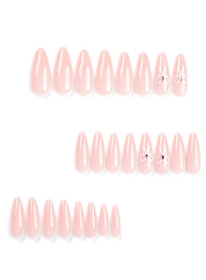BSBTBZ Light Pink Press on Nails Short, Glossy Solid Color Fake Nails, Full Cover False Nails Design with Bow Tie Short Nude Sweet Stick on Nails for Women&Girls Nail Art Decorations 24Pcs - Image 2
